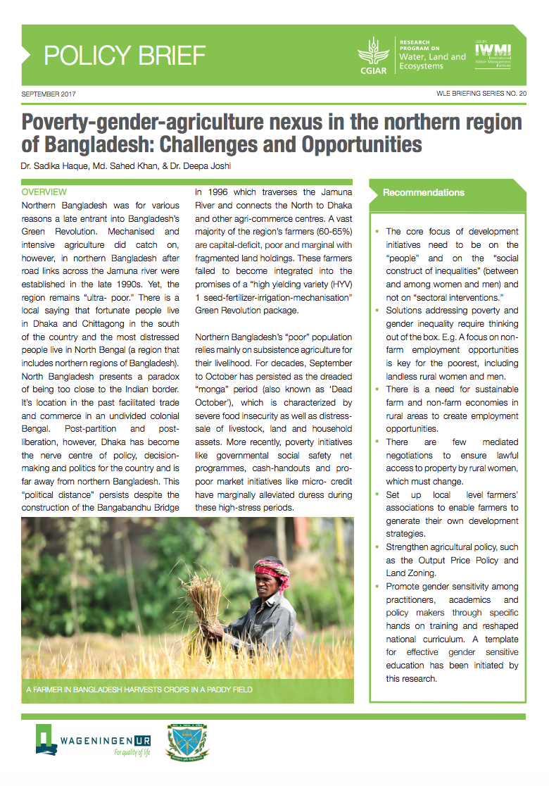 Poverty-gender-agriculture nexus in the northern region of Bangladesh: Challenges and Opportunities cover image